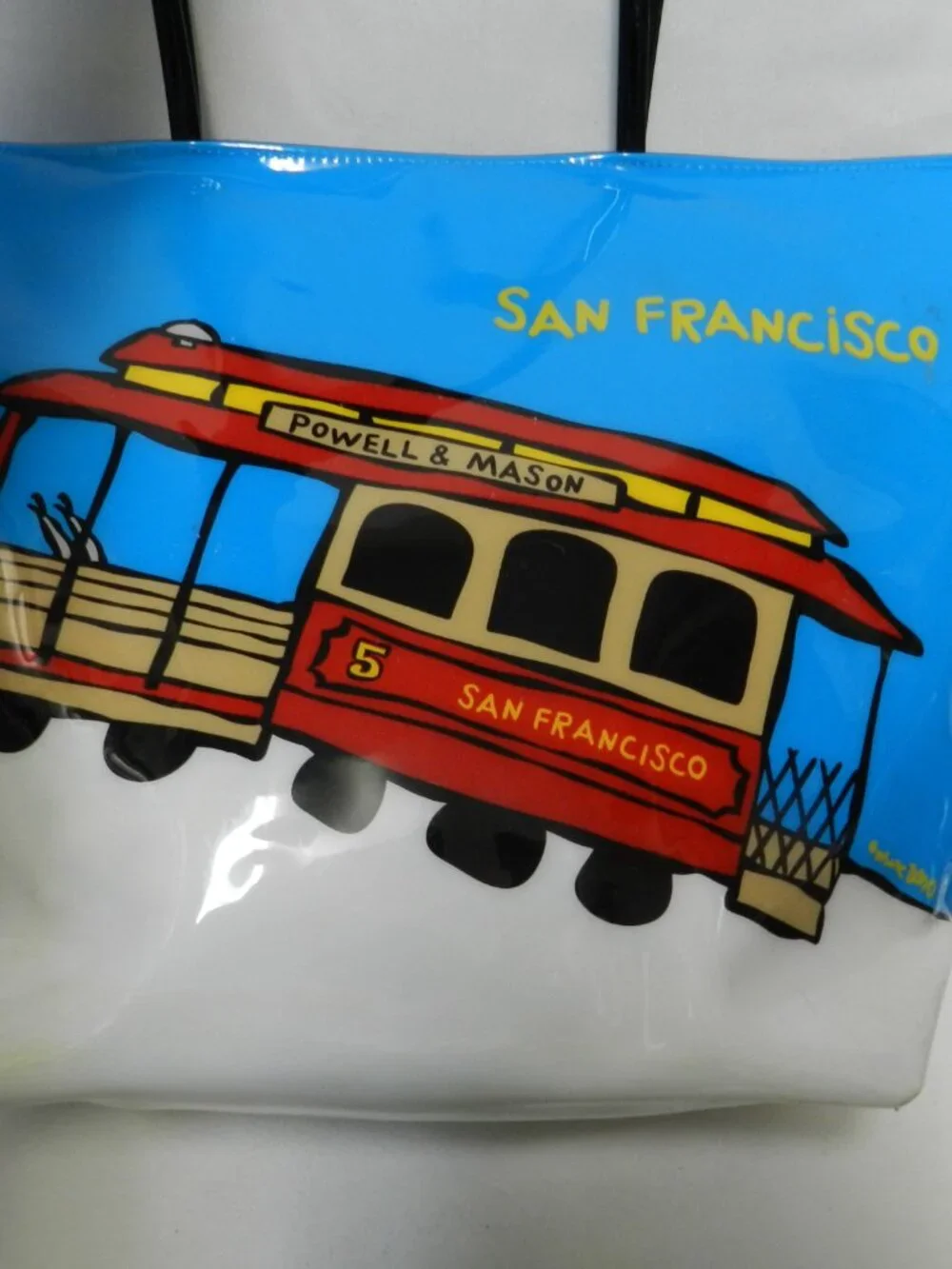 Marc Tetro San Francisco Trolley tram vinyl tote bag purse large zip blue red